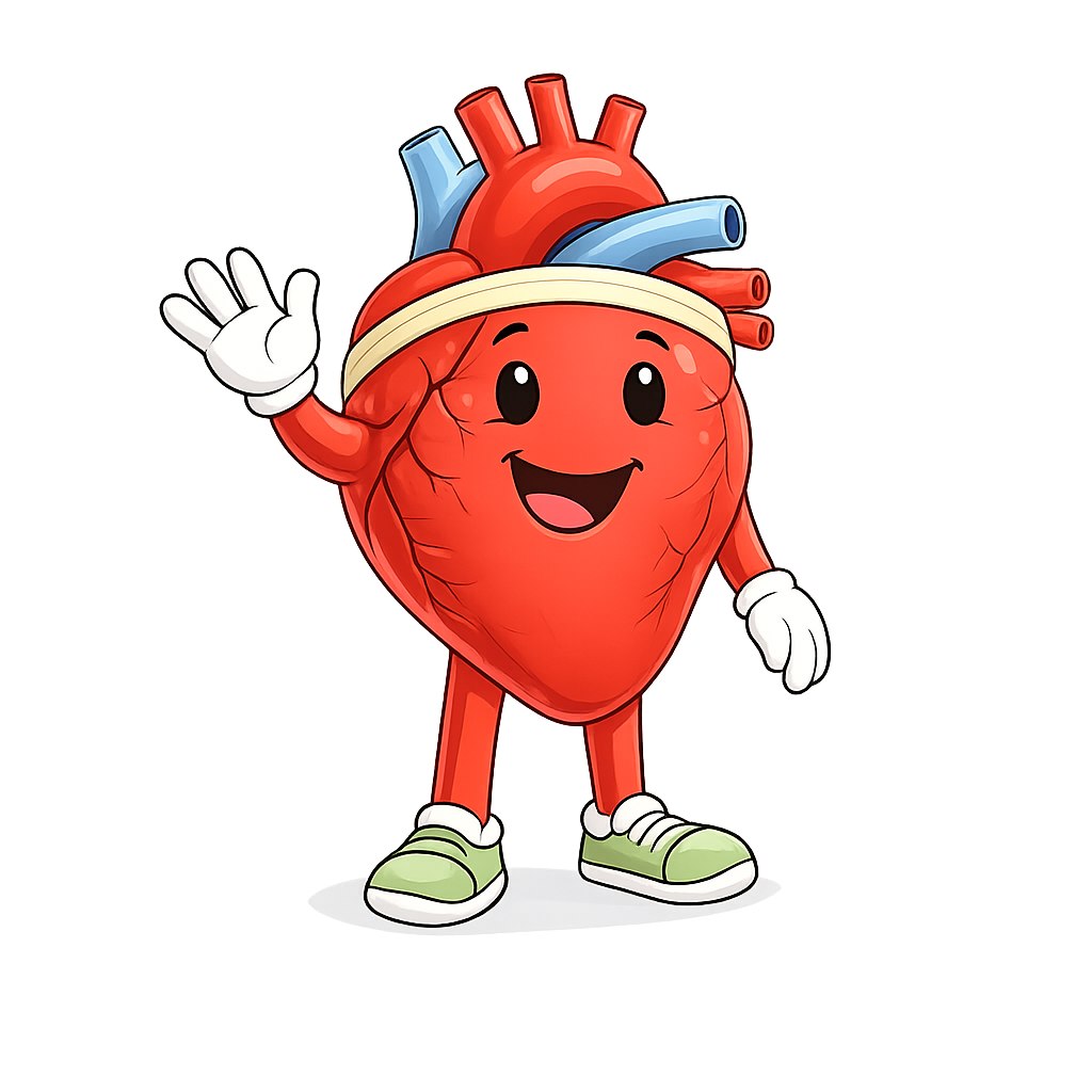HeartStrong heart mascot greeting the viewer in a welcoming pose.